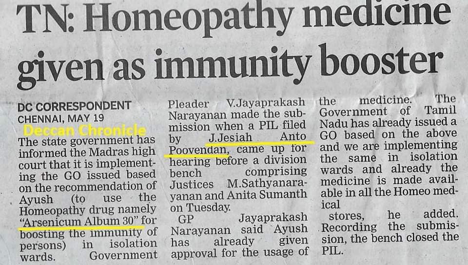 TN: Homeopathy Treatment given as immunity booster